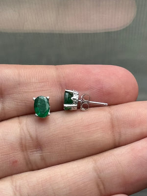 Natural Emerald Scroll Stud Earrings 7x5mm Oval in 18K White Gold | 1.20-1.60 Cts AA Grade May Birthstone Jewelry