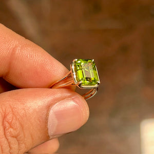 3.52-3.56 Ct Emerald Cut Peridot Solitaire Ring | 10x8mm AAA Peridot in 14K Yellow Gold | Natural Green Gemstone Engagement Ring, Size 6