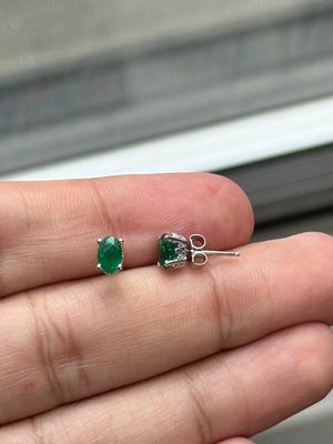 Natural Emerald Scroll Stud Earrings 6x4mm Oval in 18K White Gold | 0.69-0.90 Cts AA Grade May Birthstone Jewelry
