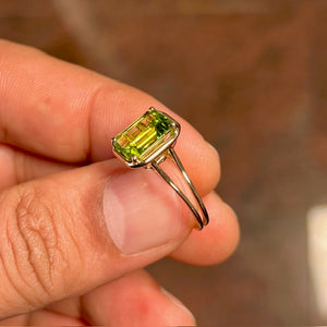 3.52-3.56 Ct Emerald Cut Peridot Solitaire Ring | 10x8mm AAA Peridot in 14K Yellow Gold | Natural Green Gemstone Engagement Ring, Size 6