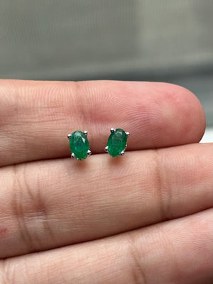 Natural Emerald Scroll Stud Earrings 6x4mm Oval in 18K White Gold | 0.69-0.90 Cts AA Grade May Birthstone Jewelry
