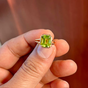 3.52-3.56 Ct Emerald Cut Peridot Solitaire Ring | 10x8mm AAA Peridot in 14K Yellow Gold | Natural Green Gemstone Engagement Ring, Size 6