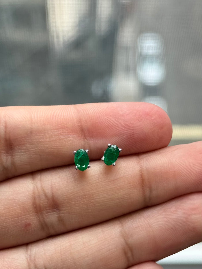 Natural Emerald Scroll Stud Earrings 6x4mm Oval in 18K White Gold | 0.69-0.90 Cts AA Grade May Birthstone Jewelry