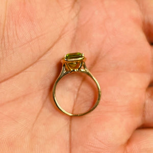 3.52-3.56 Ct Emerald Cut Peridot Solitaire Ring | 10x8mm AAA Peridot in 14K Yellow Gold | Natural Green Gemstone Engagement Ring, Size 6
