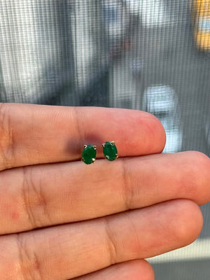 Natural Emerald Stud Earrings 6x4mm Oval AA Quality in 18K Yellow Gold – 0.60 to 1.12 Carats – Scroll Design, Classic May Birthstone Jewelry