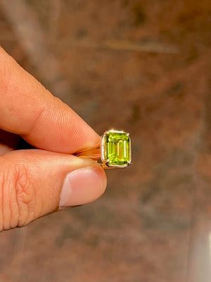 3.52-3.56 Ct Emerald Cut Peridot Solitaire Ring | 10x8mm AAA Peridot in 14K Yellow Gold | Natural Green Gemstone Engagement Ring, Size 6