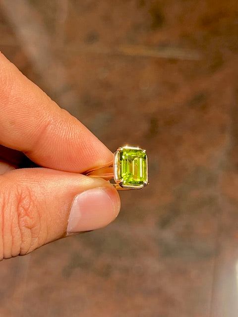 3.52-3.56 Ct Emerald Cut Peridot Solitaire Ring | 10x8mm AAA Peridot in 14K Yellow Gold | Natural Green Gemstone Engagement Ring, Size 6