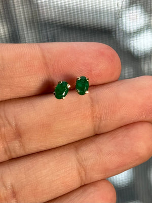 Natural Emerald Stud Earrings 6x4mm Oval AA Quality in 18K Yellow Gold – 0.60 to 1.12 Carats – Scroll Design, Classic May Birthstone Jewelry