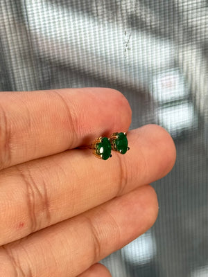 Natural Emerald Stud Earrings 6x4mm Oval AA Quality in 18K Yellow Gold – 0.60 to 1.12 Carats – Scroll Design, Classic May Birthstone Jewelry