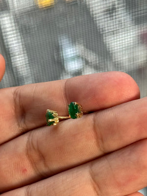 Natural Emerald Stud Earrings 6x4mm Oval AA Quality in 18K Yellow Gold – 0.60 to 1.12 Carats – Scroll Design, Classic May Birthstone Jewelry