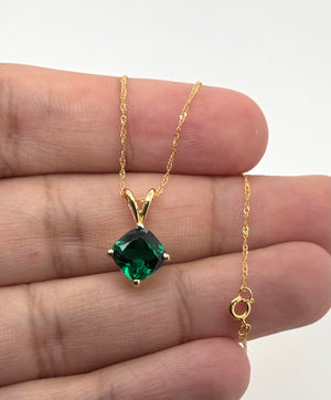8mm Cushion Cut Lab Created Emerald Pendant | 14K Yellow Gold Solitaire Necklace – May Birthstone Jewelry