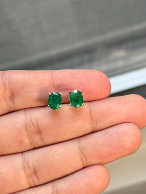 Natural Emerald Stud Earrings 8x6mm Oval | 1.82-2.55 CT AA Grade | 18K Yellow Gold Scroll Design | May Birthstone Jewelry Gif