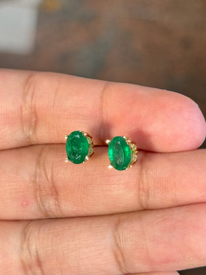 Natural Emerald Stud Earrings 8x6mm Oval | 1.82-2.55 CT AA Grade | 18K Yellow Gold Scroll Design | May Birthstone Jewelry Gif