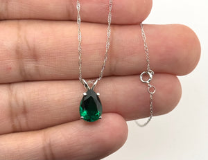 10x7mm Pear Cut Lab Created Emerald Pendant | 14K White Gold Solitaire Necklace – May Birthstone Jewelry