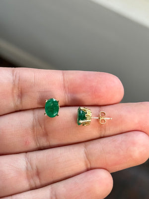 Natural Emerald Stud Earrings 8x6mm Oval | 1.82-2.55 CT AA Grade | 18K Yellow Gold Scroll Design | May Birthstone Jewelry Gif