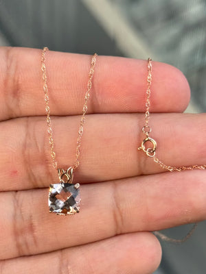 2.00 Ct Cushion Cut Morganite Pendant in 14K Rose Gold – 8mm Checkerboard Solitaire Necklace – Pink Gold Scroll Pendant with Chain