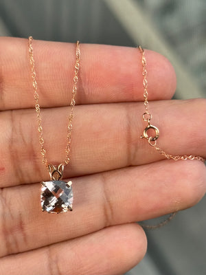 2.00 Ct Cushion Cut Morganite Pendant in 14K Rose Gold – 8mm Checkerboard Solitaire Necklace – Pink Gold Scroll Pendant with Chain