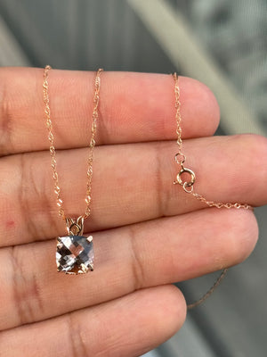 2.00 Ct Cushion Cut Morganite Pendant in 14K Rose Gold – 8mm Checkerboard Solitaire Necklace – Pink Gold Scroll Pendant with Chain