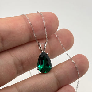 14x9mm Pear Cut Lab Created Emerald Pendant | 14K White Gold Solitaire Necklace – May Birthstone Jewelry