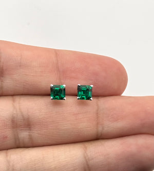5mm Asscher Cut Lab Created Emerald Stud Earrings | 14K White Gold Solitaire Earrings
