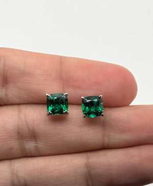 7mm Cushion Cut Lab Created Emerald Stud Earrings | 14K White Gold Solitaire Earrings