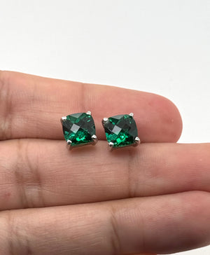 8mm Cushion Checkered Lab Created Emerald Stud Earrings | 14K White Gold Solitaire Earrings