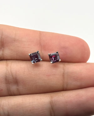 5mm Asscher Cut Lab Created Alexandrite Stud Earrings | 14K White Gold Color Change Earrings