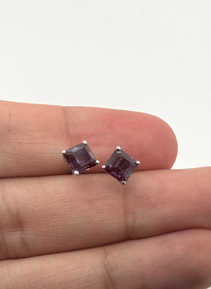 6mm Asscher Cut Lab Created Alexandrite Stud Earrings | 14K White Gold Color Change Earrings