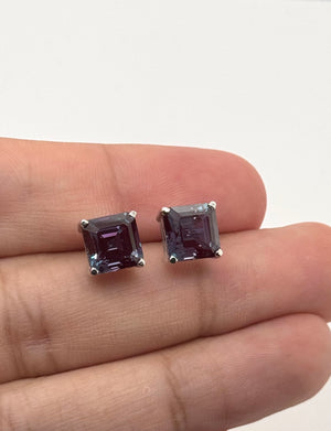 8mm Asscher Cut Lab Created Alexandrite Stud Earrings | 14K White Gold Color Change Earrings