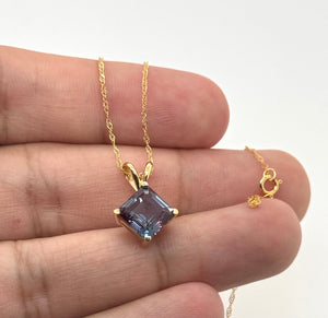 8mm Asscher Cut Lab Created Alexandrite Pendant | 14K Yellow Gold Solitaire Necklace — Color Change Fine Jewelry