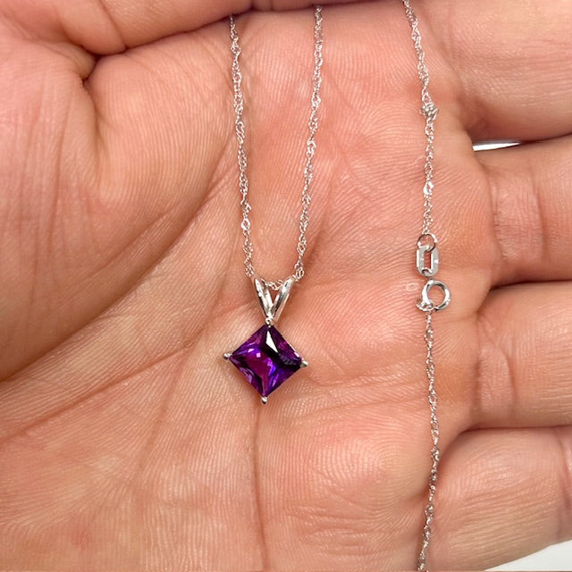Platinum Amethyst Pendant – 1.40-1.75 Ct 7mm AAA Princess-Cut Purple Solitaire Necklace – Genuine February Birthstone Jewelry Gift