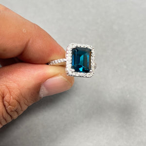 Emerald Cut London Blue Topaz Ring – 14K White Gold Diamond Halo Size 7