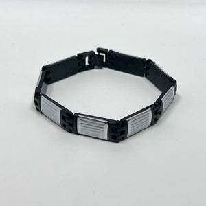 Men's Black Steel Bracelet – Stainless Steel Resin, White Rectangular Linear Design, Modern Masculine Jewelry