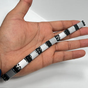 Men's Black Steel Bracelet – Stainless Steel Resin, White Rectangular Linear Design, Modern Masculine Jewelry