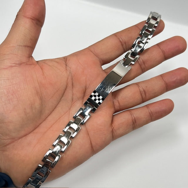 Onyx & Mother of Pearl Men’s Bracelet – Stainless Steel Resin, Checkboard Design, Modern Masculine Jewelry
