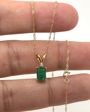 7x5 mm Natural Emerald Pendant | 14K Yellow Gold AA Emerald Cut Necklace with Diamond Accent Gift for Her