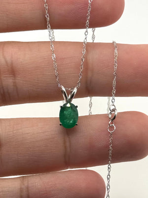 8x6 mm Natural Emerald Pendant | 14K White Gold AA Oval Solitaire Necklace Gift for Her