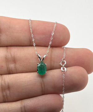 8x6 mm Natural Emerald Pendant | 18K White Gold AA Oval Solitaire Necklace Gift for Her