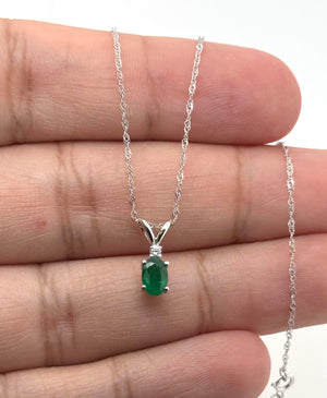 6x4 mm Natural Emerald Pendant | 14K White Gold AA Oval Solitaire Necklace with Diamond Accent Gift for Her