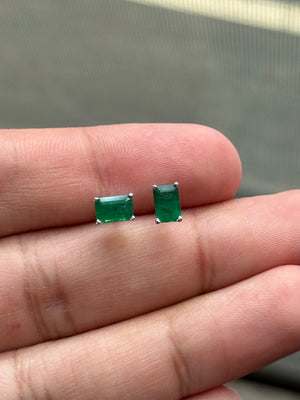 Natural Emerald Stud Earrings 6x4mm AA Emerald-Cut in 14K White Gold | 0.98-1.07 CT Scroll Design Prong Set | May Birthstone Fine Jewelry
