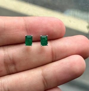 Natural Emerald Stud Earrings 6x4mm AA Emerald-Cut in 14K White Gold | 0.98-1.07 CT Scroll Design Prong Set | May Birthstone Fine Jewelry