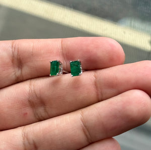 Natural Emerald Stud Earrings 6x4mm AA Emerald-Cut in 14K White Gold | 0.98-1.07 CT Scroll Design Prong Set | May Birthstone Fine Jewelry
