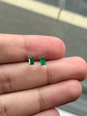 Emerald Scroll Stud Earrings – AA 5x3mm Emerald Cut in 14K White Gold – Classic May Birthstone Jewelry