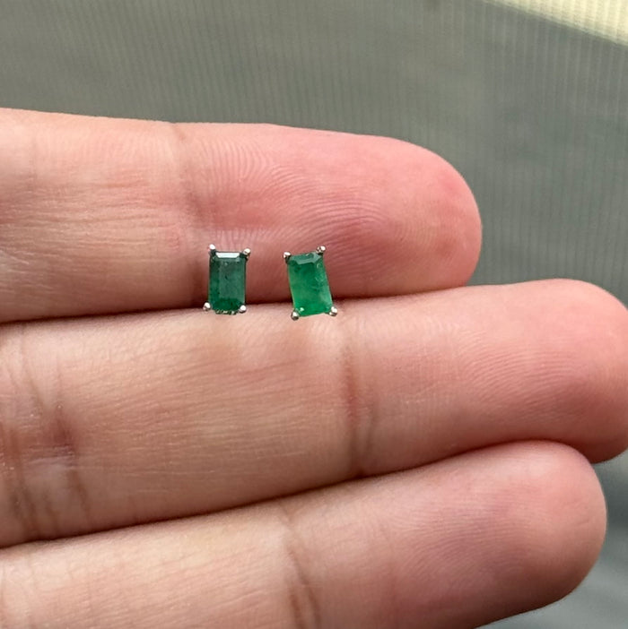 Emerald Scroll Stud Earrings – AA 5x3mm Emerald Cut in 14K White Gold – Classic May Birthstone Jewelry