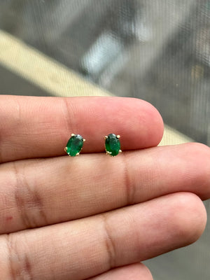 Natural Emerald Scroll Stud Earrings 14K Yellow Gold 6x4mm Oval AA Grade | Green Gemstone Earrings for Women | May Birthstone Gift