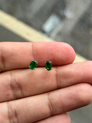 Natural Emerald Scroll Stud Earrings 14K Yellow Gold 6x4mm Oval AA Grade | Green Gemstone Earrings for Women | May Birthstone Gift
