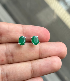 Natural Emerald Stud Earrings 8x6mm Oval AA | 1.82-2.55 Ct Scroll Earrings in 18K White Gold | May Birthstone Jewelry for Her