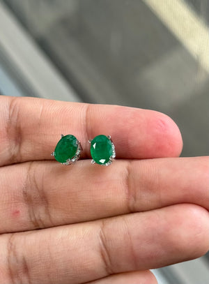 Natural Emerald Stud Earrings 8x6mm Oval AA | 1.82-2.55 Ct Scroll Earrings in 18K White Gold | May Birthstone Jewelry for Her