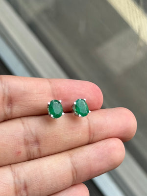 Natural Emerald Stud Earrings 8x6mm Oval AA | 1.82-2.55 Ct Scroll Earrings in 18K White Gold | May Birthstone Jewelry for Her