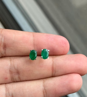 Natural Emerald Scroll Stud Earrings 7x5mm Oval 1.20-1.60 Cts AA Grade in Platinum | May Birthstone | Genuine Emerald Jewelry